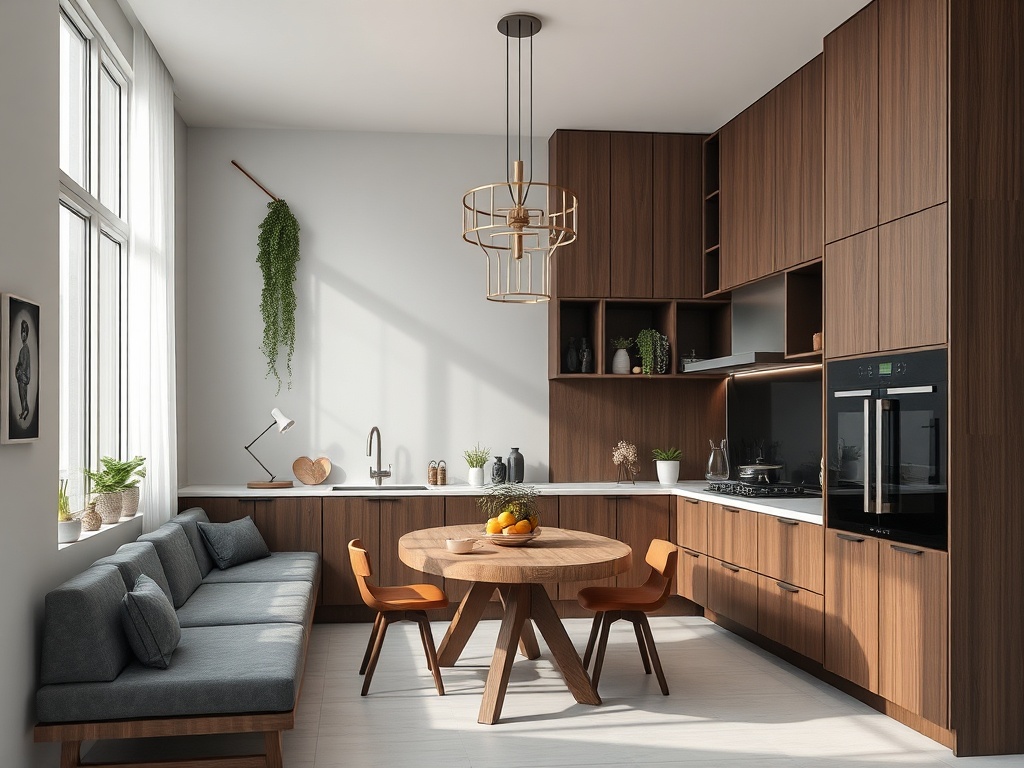 Современная кухня с деревянными фасадами, круглым столом и уютной зоной для отдыха возле окна.