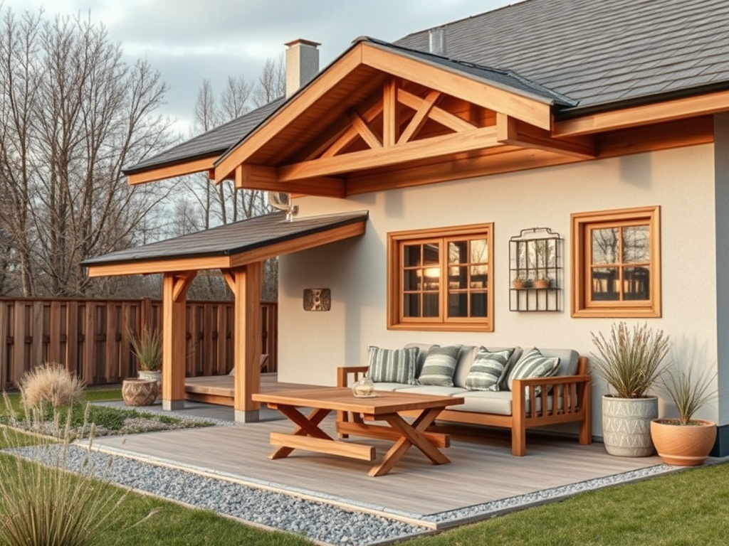 Современный дом с деревянным навесом, террасой и уютной мебелью на фоне деревьев и зелёного газона.