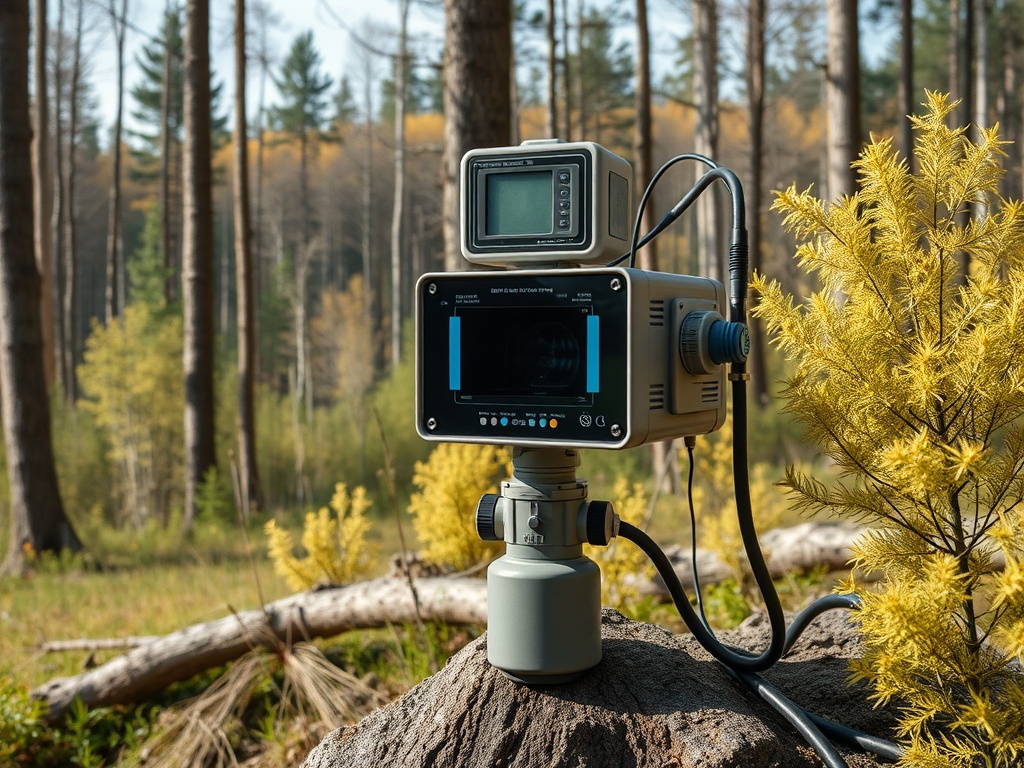 Камера на дереве в лесу, вокруг высокие деревья и желтые кусты, спокойная природная атмосфера.