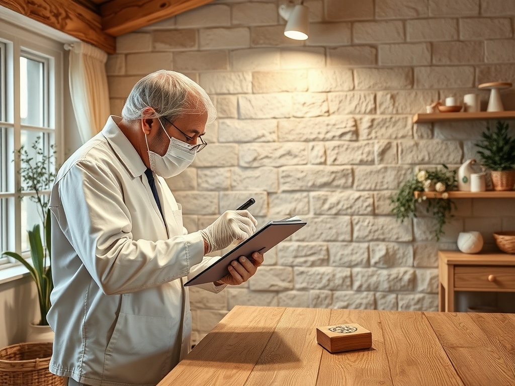 Мужчина в маске и перчатках записывает данные в блокнот в уютном помещении с экологичным интерьером.