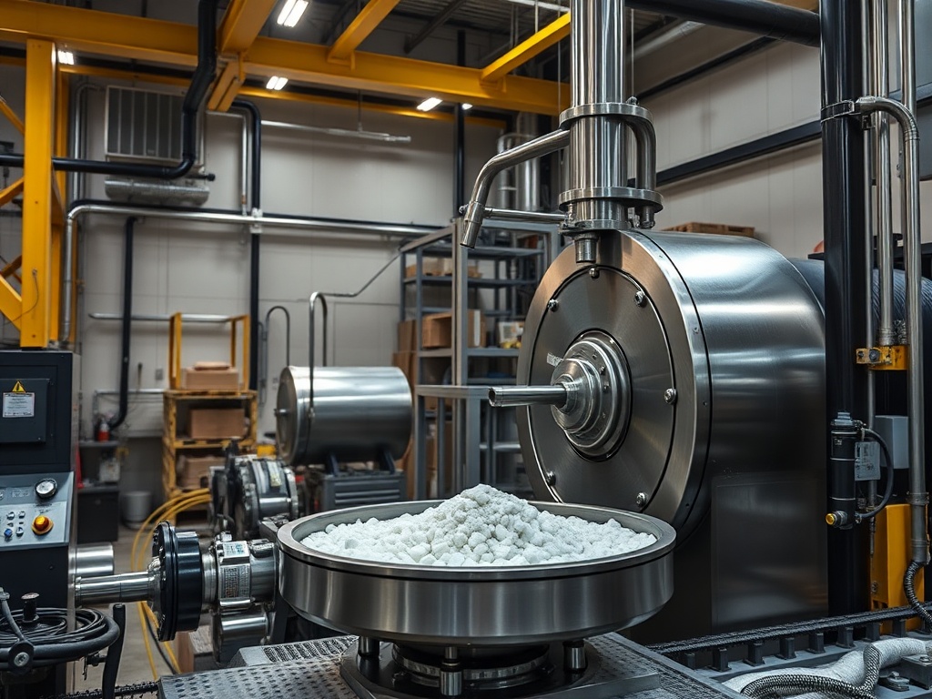 Внутри производственного помещения, где установлено оборудование для обработки сыпучих материалов.