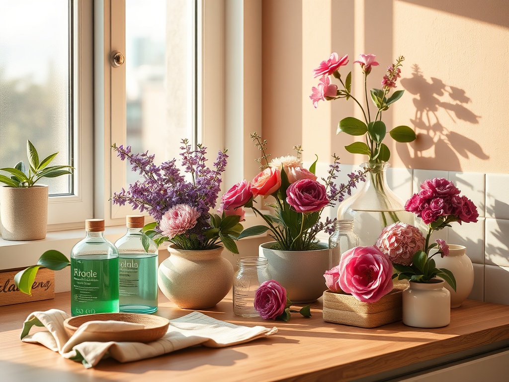 Стильный подоконник с цветами и бутылками, светлое пространство наполняет уютом и гармонией.