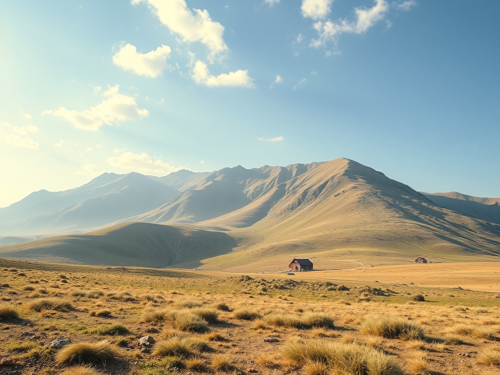 Горная местность с зелеными холмами и несколькими домиками под голубым небом с легкими облаками.