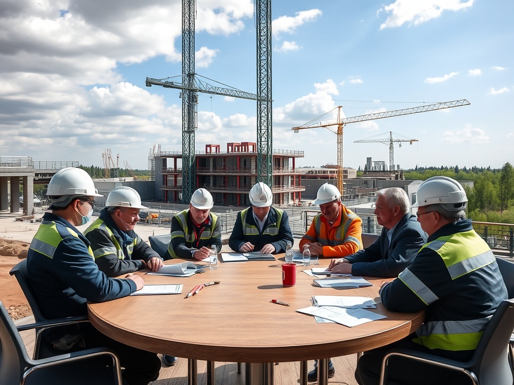 Группа строителей в касках обсуждает проект на фоне строительного объекта и крана.