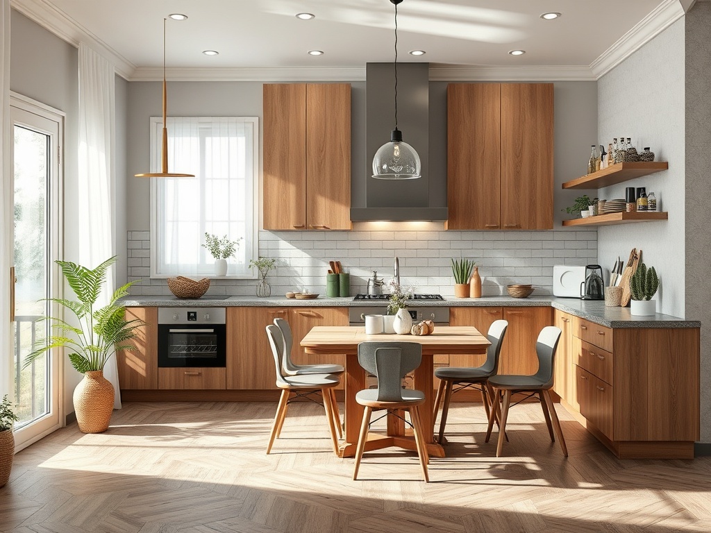 Современная кухня светлых тонов с деревянными фасадами, столом и стульями, зелеными растениями и бытовой техникой.