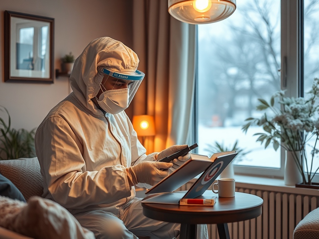 Человек в защитном костюме сидит за столом, используя телефон и планшет в зимнем интерьере.