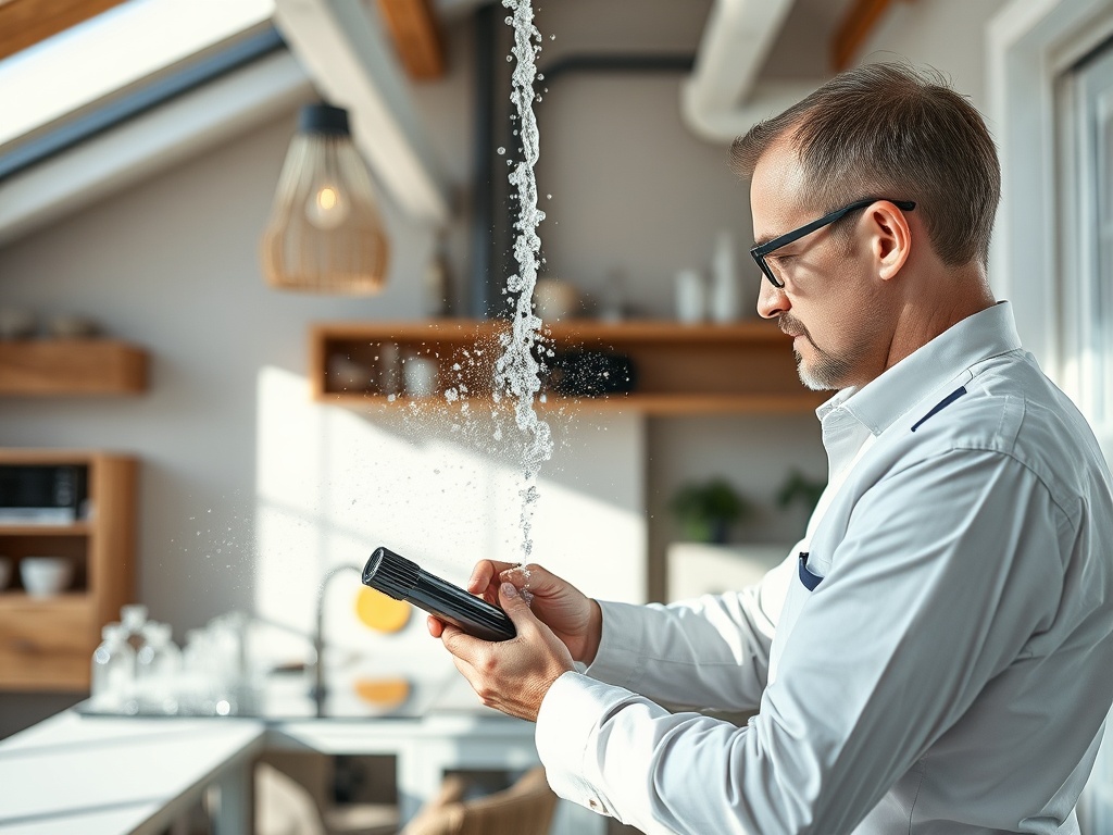 Мужчина с фонариком наблюдает за струёй воды в современном интерьере кухни с большим окном.