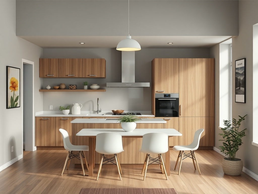 Современная кухня с деревянными шкафчиками, обеденным столом и растениями в светлом интерьере.