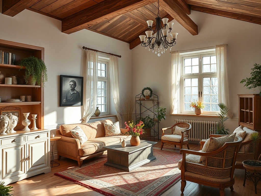 Светлая гостиная с деревянным потолком, мягкой мебелью и зелеными растениями у окон. Уютная атмосфера.