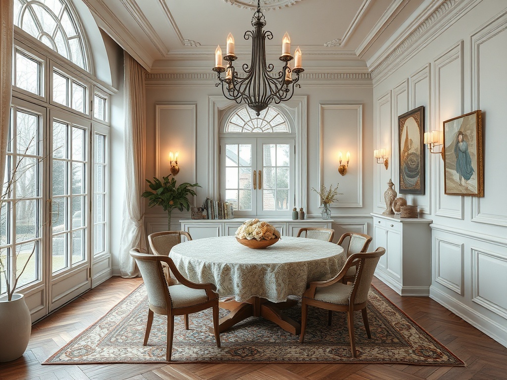 Элегантная столовая с круглым столом и уютным оформлением, большими окнами и художественными картинами на стенах.