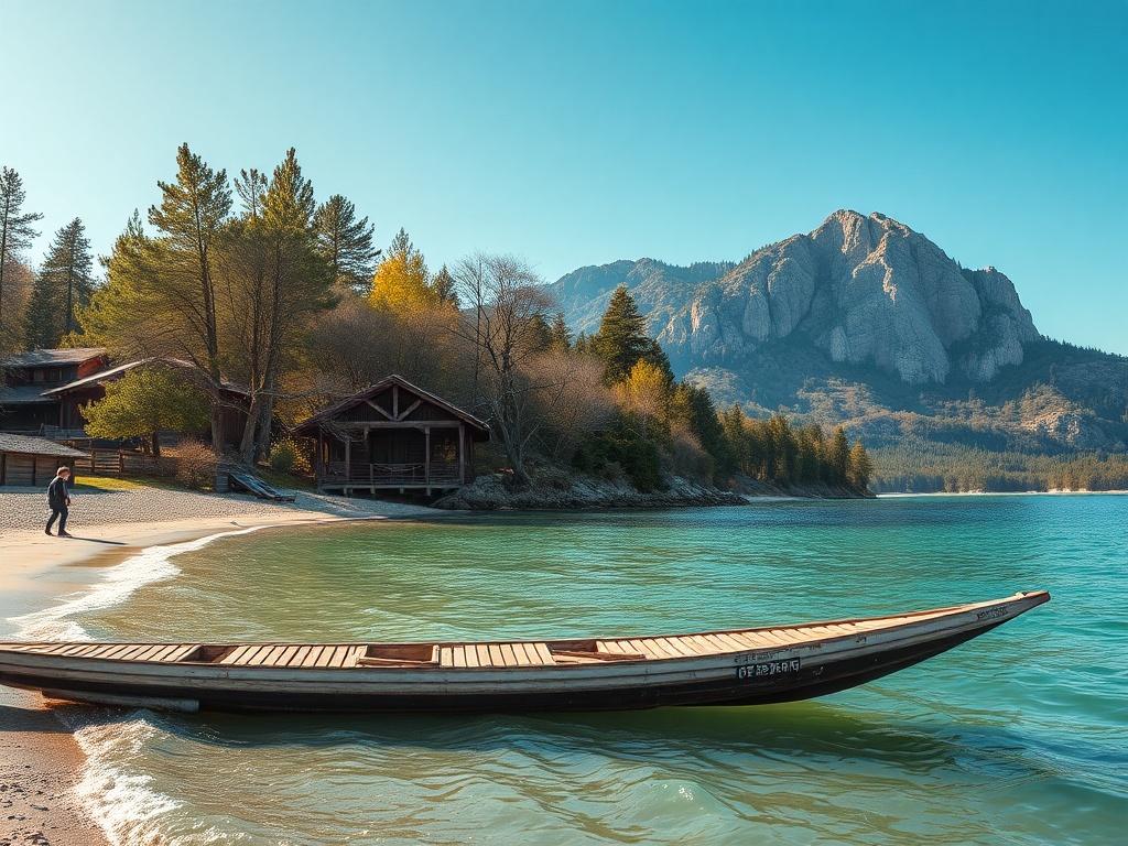 На пляже у озера стоит лодка, а рядом человек прогуливается среди сосен и гор на фоне ясного неба.